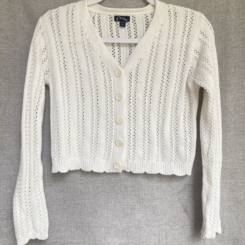 Girls Ivory Pointelle Knit Cropped Cardigan L 10/12 Button Sweater Cottagecore